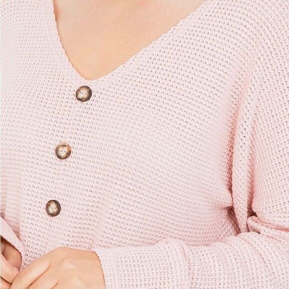PINK DEEP V-NECKLINE FRONT BUTTON & TIE-TWIST KNITTED LONG SLEEVE TOP. NEW ITEM! - Picture 7 of 7